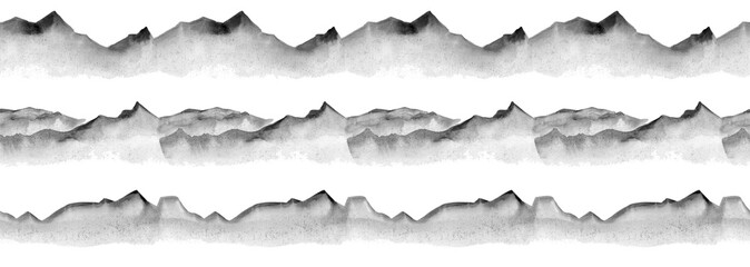 Watercolor sketched mountains seamless pattern monochrome black background. illustration