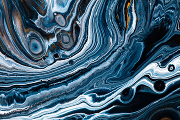 Fluid art texture. Abstract backdrop with mixing paint effect. Liquid acrylic artwork with artistic mixed paints. Can be used for baner or wallpaper. Black, navy blue and golden overflowing colors. - 541717176