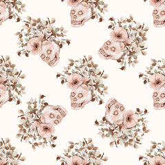 Watercolor halloween seamless pattern in brown tones with skull and leaves