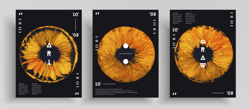 Abstract acrylic poster with eyes, fluid art vector texture collection. Trendy background that applicable for design cover, invitation, presentation and etc. Black, orange and brown creative artwork.