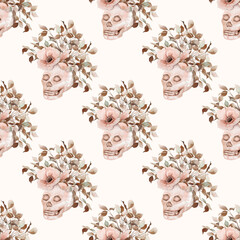 Watercolor halloween seamless pattern with skull and leaves