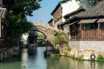 Close-up view of street scene in Wuzhen, China