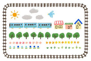 シンプルな線路のフレームイラストと電車、植物、建物などの背景イラスト素材セット
