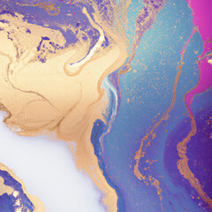 Luxury Abstract Marble Stone Cut in Blue, Purple, Aqua and Glowing Golden Veins Illustration