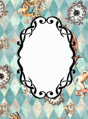 Decorative art nuovo floral blank frame on Alice in Wonderland style diamond checker pattern  vertical format with text place and space
- 541719378