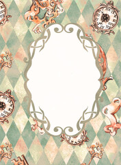 Decorative art nuovo floral blank frame on Alice in Wonderland style diamond checker pattern  vertical format with text place and space
- 541719381