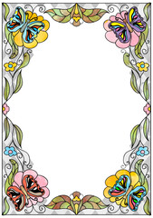 Decorative art nuovo floral blank frame on Alice in Wonderland style diamond checker pattern  vertical format with text place and space
