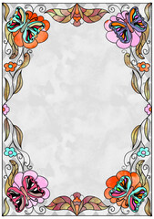 Decorative art nuovo floral blank frame on Alice in Wonderland style diamond checker pattern  vertical format with text place and space
- 541719558