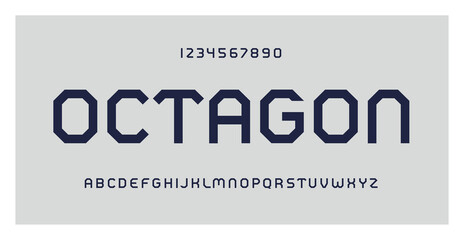 Fototapeta premium Octagonal typography.&nbsp;Geometric font, set of numbers and letters.&nbsp;Creative alphabet.&nbsp;Vector illustration.&nbsp;Octagon capital lettering font family. Vintage retro typeface. For technology, gaming, sport a