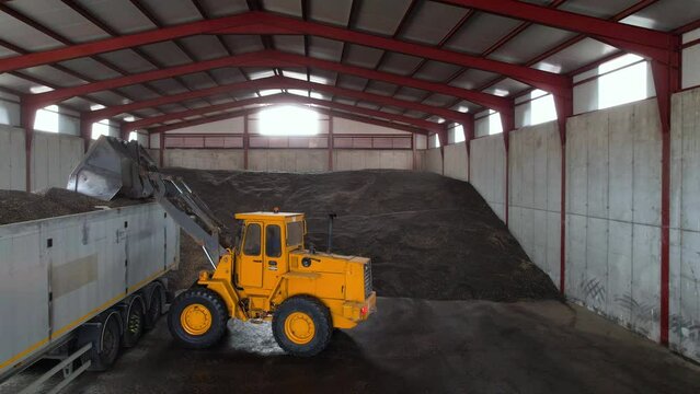 Wheel bucket loader loads a truck with sunflower seeds. High quality 4k footage.