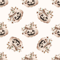 Watercolor halloween seamless pattern with scary pumpkins and plants