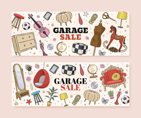 Set of garage sale concept illustration. Garage promotional sale horizontal banner with hand drawn furniture and vintage accessories