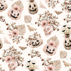 Watrcolor halloween seamless pattern in brown tones 