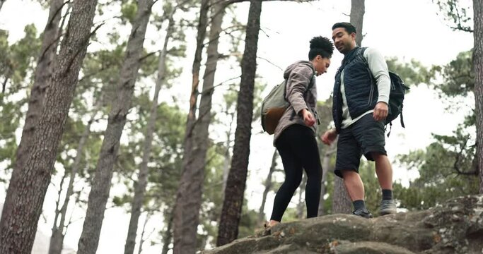 Help, hiking and couple climbing rock in Canada forest for day trekking, adventure and fitness. Support, helping and nature walk people climb for wellness, exercise and health challenge.