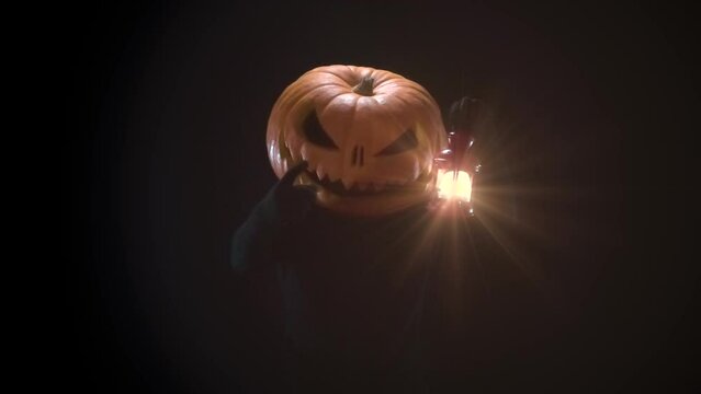 Jack Pumpkin Lures to the Holiday. A character with a pumpkin head looks around holding a burning lantern on his background