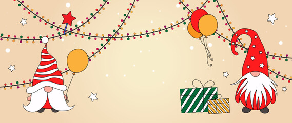 Obraz premium Merry Christmas and Happy New Year vector background. Cute winter season wallpaper with gnomes, gifts, snow, balls and garland. Luxury design for greeting cards, advertising, cover, banner, invitation