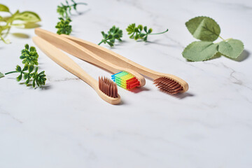 Eco natural bamboo toothbrushes. Sustainable lifestyle concept. Zero waste home.