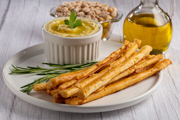 Homemade Grissini with Chickpea Hummus.
