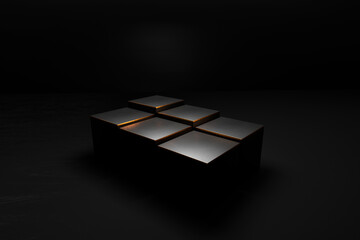 Black painted boxes with gold edge. Product advertising marketing background. Various heights in stages. Wide angle.