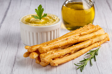 Homemade Grissini with Chickpea Hummus.