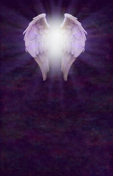 Rustic Angel Blessing Message Banner Upright A4 - Pair of angel wings in a white light burst against a rich dark purple stone textured background with copy space below
