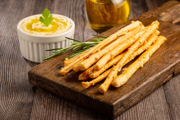 Homemade Grissini with Chickpea Hummus.