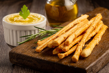 Homemade Grissini with Chickpea Hummus.