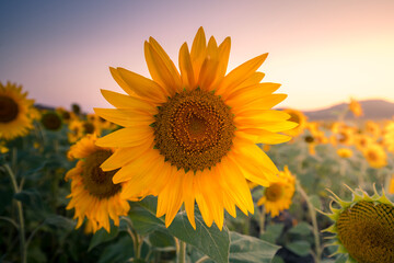 Blooming sunflowers in summer field
