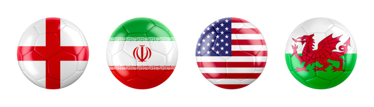 World Cup 2022 Qatar GROUP B teams ball flags. isolated on white background. 3d illustration .