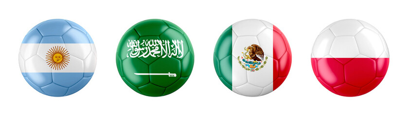 World Cup 2022 Qatar GROUP C teams ball flags. isolated on white background. 3d illustration .