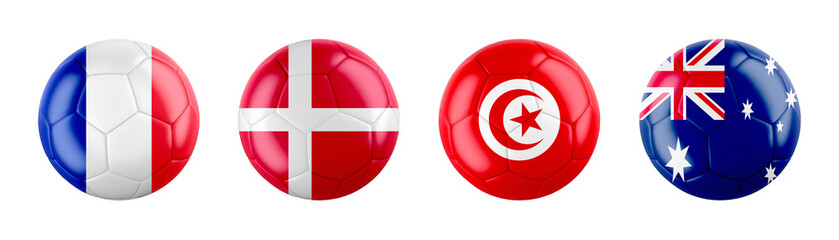 World Cup 2022 Qatar GROUP D teams ball flags. isolated on white background. 3d illustration .