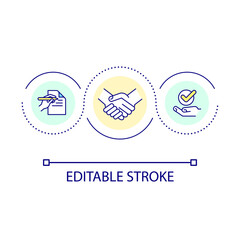 Successful real estate purchase agreement loop concept icon. Buying house process. Sale contract abstract idea thin line illustration. Isolated outline drawing. Editable stroke. Arial font used