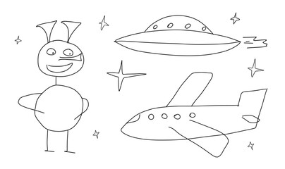 Space doodle vector illustration. Hand drawn children's drawing of space elements. Alien, flying saucer, stars, spaceship. Black and white illustration in children's style
