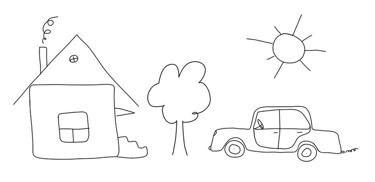 Vector hand-drawn children simple set with car, house, sun and tree on a white background. Black and white illustration in children's style.