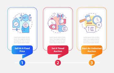 Ways of selling NFTs rectangle infographic template. Business. Data visualization with 3 steps. Editable timeline info chart. Workflow layout with line icons. Myriad Pro-Bold, Regular fonts used