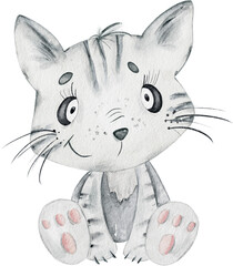 Watercolor cute cartoon Kitty .Baby animal character Isolated on a white background.