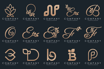 leaf combined with letter logo design and icon set.