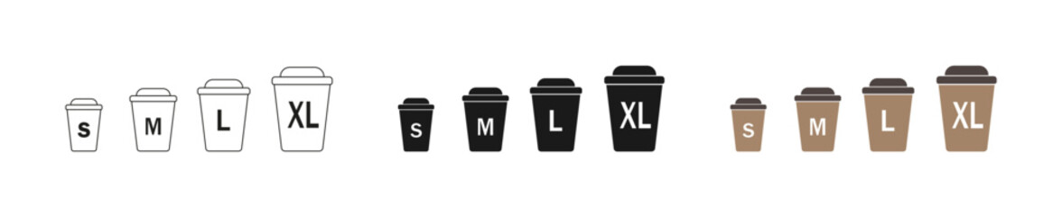 Cup coffee vector icons.  Coffee cups of different sizes: XL, M, L, S.  Isolated icons set on white background.  eps10