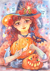 Witch girl in a hat and cheerful festive pumpkins are painted in watercolor, handmade watercolor illustration for the Halloween holiday.