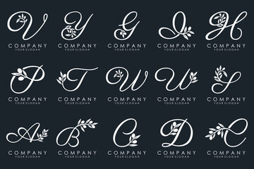 leaf combined with letter logo design and icon set