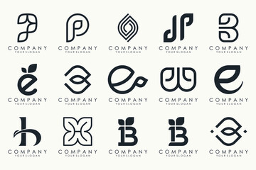 leaf combined with letter logo design and icon set.