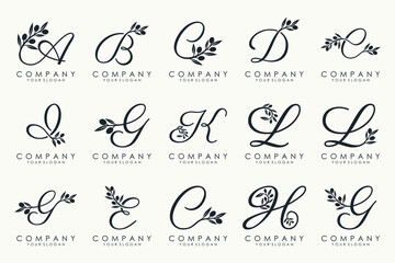 leaf combined with letter logo design and icon set.