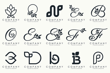 leaf combined with letter logo design and icon set.