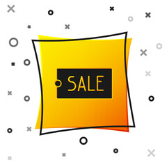 Black Price tag with an inscription Sale icon isolated on white background. Badge for price. Promo tag discount. Yellow square button. Vector Illustration