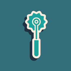 Green Pizza knife icon isolated on green background. Pizza cutter sign. Steel kitchenware equipment. Long shadow style. Vector Illustration