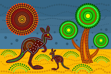 Landscape with kangaroo in decorative ethnic style.Australia aboriginal traditional culture art style of dot.Scenery with kangaroo,tree,sun,sky and sand.Aboriginal tribal art craft.Vector illustration - obrazy, fototapety, plakaty