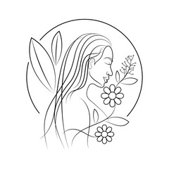 Woman side face with flower and leaves minimal black and white line art work