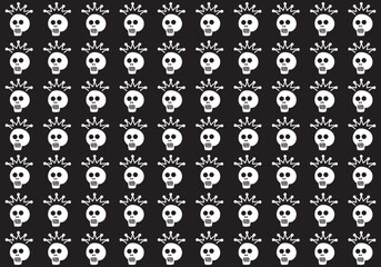Black and white background from human skulls in crown. Dead king. Halloween, mysticism, fear and horror. Vector graphics