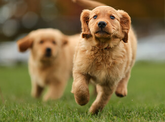 Two baby golden retriever puppies running happily outside