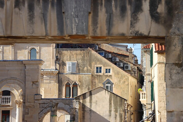 The Silver Gate landmark and various historic buildings in central Split, Croatia.